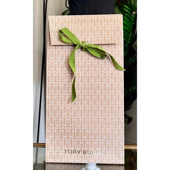 Tory Burch Geometric Pattern Gift Bag With Green Ribbon Tie 14" X 8" X 4" Premiu - Picture 1 of 5